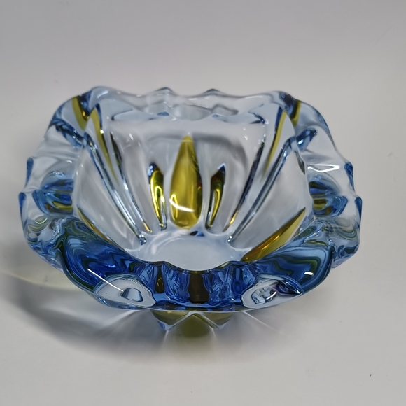 Art Glass Murano Style Light Blue and Yellow Cigar Ashtray - Picture 2 of 7